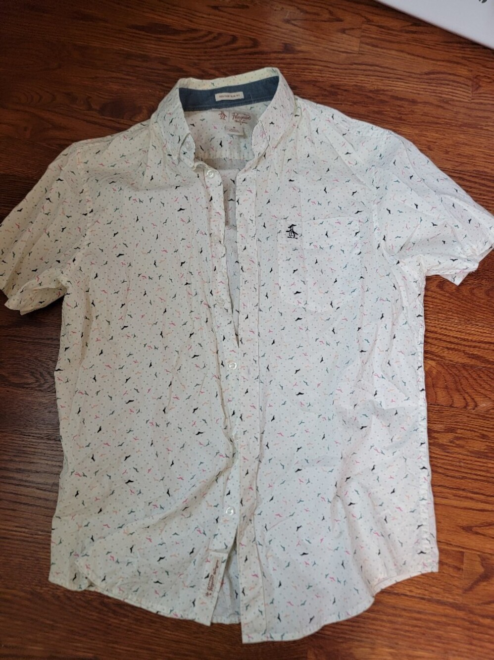 Original Penguin White Short-Sleeve Button-Up Shirt with Small Multi-Color Print